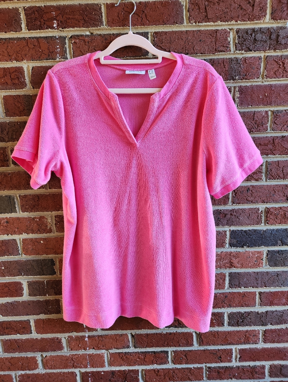 Denim & Co Terry Cloth Hot Pink V Neck Pullover 2X